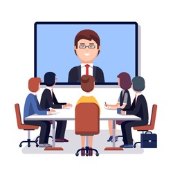 Corporation directors board at the conference call meeting with CEO at the video projection screen. Modern colorful flat style vector illustration isolated on white background.
