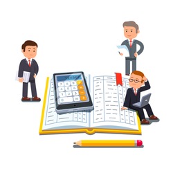Little business accountants group standing near and sitting on big open accounting book or ledger tables with calculator and pencil. Flat style vector illustration isolated on white background.
