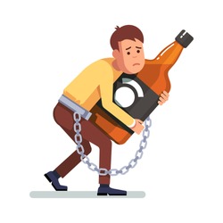 Young depressed and sad man chained and shackled to a big bottle of whiskey drink. Alcoholic addicted to alcohol hugging booze in arms. Flat style concept vector illustration isolated on white.