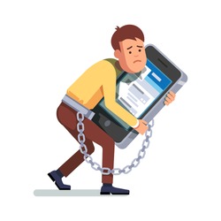 Young depressed and sad man chained and shackled to a big mobile smart phone. Addicted to social networking hugging in arms. Modern flat style concept vector illustration isolated on white background.