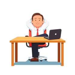 Relaxed business man entrepreneur sitting in office chair in confident pose at a clean desk with laptop computer. Flat style modern vector illustration.