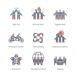 Team work, management, business concept symbols. Thin line art icons with flat colorful design elements. Modern linear style illustrations isolated on white.