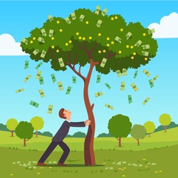 Businessman shaking tall cash tree with dollar banknotes & golden coins. Money flying down falling on ground. Successful man business project investment income concept. Flat style vector illustration.