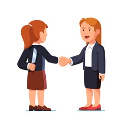 Two business women standing together and shaking each other hands while one holding knife behind her back. Treacherous deal, fraud or betrayal. Hiding killer concept. Flat style  vector illustration.