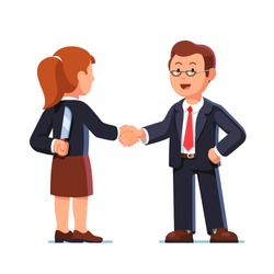 Business woman and man standing together and shaking each other hands while one holding knife behind back. Treacherous deal, fraud or betrayal. Hiding killer concept. Flat style vector illustration