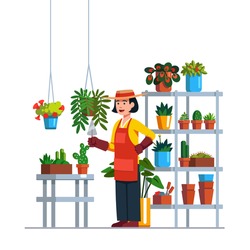 Woman gardener or florist working in botanical garden or home backyard terrace orangery, planting flowers. Rack, plants in pots, hanging baskets. Flat vector illustration isolated on white background.