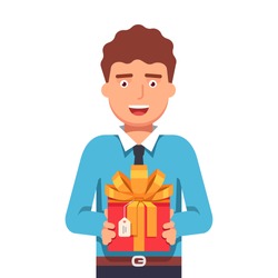 Smiling young business man wearing shirt and tie holding in hands gift box with large ribbon as a present for a corporate client. Flat style vector illustration isolated on white background.