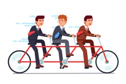 Business people group riding fast on three person tandem bicycle pushing pedals with good timing. Successful businessman collective teamwork and cooperation concept. Flat vector illustration isolated.