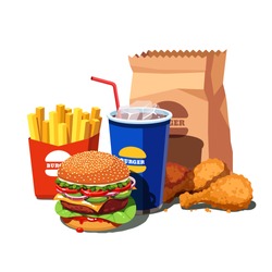 Fast food meal set with classic American cheese burger with grilled meat, fried crispy chicken leg tenders, french fries and soft drink cup. Flat style vector illustration isolated on white background