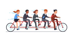 Business people group riding fast on five person tandem bicycle, man and woman in good coordination. Successful businessman collective teamwork cooperation concept. Flat vector illustration.