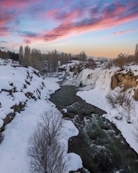 Muradiye Waterfall winter view in Van Province of Turkey