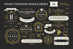 Vintage typographic decorative ornament design elements set vector illustration. Labels and badges, retro ribbons, luxury fancy logo symbols, elegant calligraphic swirls, flourishes ornate vignettes.