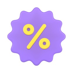 Price tag 3d with percent symbol. Purple starburst sticker clearance sale with discounts. Advertising marketing for promotion product sales. Special commercial bonuses. Vector icon isolated template