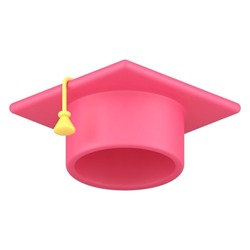 Realistic pink graduation cap with yellow tassel isometric vector illustration. 3d icon template college degree achievement ceremony traditional graduate hat isolated. Education complete element