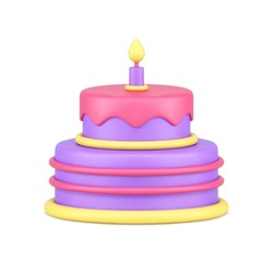 Birthday cake premium two tier candy covered by melting glaze with one burning candle anniversary celebration 3d icon vector illustration. Sweet icing delicious treat festive holiday gift congrats