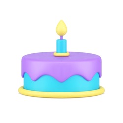 Childish birthday purple glaze icing cake one burning candle 3d icon vector illustration. Cute holiday anniversary celebration dessert gift festive pastry pie frosting melting sweet candy delicious