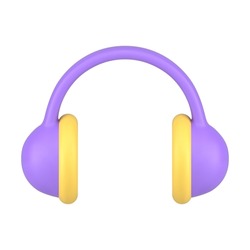 Musical DJ party purple headphones stereo audio sound broadcasting electronic device realistic 3d icon vector illustration. Acoustic digital application badge user interface radio rhythm streaming