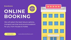 Online hotel apartment booking service web banner 3d icon vector illustration. Accommodation remotely easy reservation pre order marketing offer e business commercial advertising building real estate