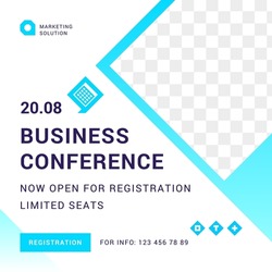 Business conference registration admission social media post with copyspace internet advertising vector illustration. Corporate forum professional seminar training event membership info web banner