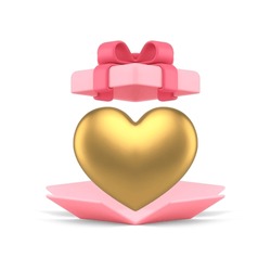 Pink open gift box golden heart Valentines romantic holiday celebration 3d icon realistic vector illustration. Present cardboard container love enamored festive celebration premium design