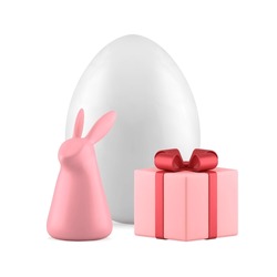 Easter holiday festive bunny bauble egg pink gift box 3d icon realistic vector illustration. Traditional springtime celebration painted eggshell hare rabbit animal character present package bow