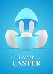 Happy Easter surprise 3d greeting card bunny hiding in open painted egg half design template realistic vector illustration. Rabbit bauble long ears in eggshell traditional festive holiday celebration