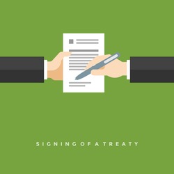Business man hands holding contract and pen, signing of a treaty business contract flat design vector illustration