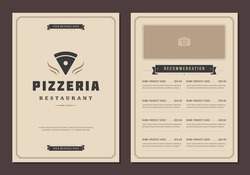Restaurant logo and menu design vector brochure template. Pizza silhouette.