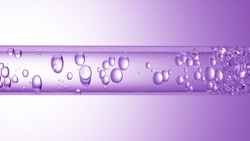 Macro shot of different sized clear bubbles flowing in glass tube with clear liquid on purple background | Abstract body care cosmetics mixing concept
