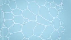 Macro shot of soap bubbles connected tight each to other creating bubble grid against pale blue background | Macro shot of skin care cosmetics ingredients for its commercial