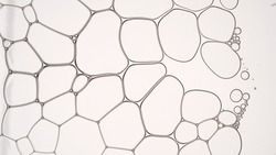 Grayscale macro shot of clear liquid flows between different sized clear bubbles joined in grid disconnecting them | Abstract cosmetic ingredients concept