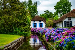 Giethoorn, Netherlands - July 6, 2019: Tranquil view of the village of Giethoorn in the Netherlands, with beautiful rural houses, water canals and colorful flowers
