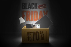 Black friday sale shop discounts vector banner. Wood shopping box of some bought items in spotlight on dark grunge brick wall background