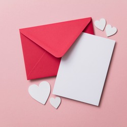 Love letter. white card with red paper envelope mock up