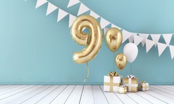 Happy 9th birthday party celebration balloon, bunting and gift box. 3D Render
