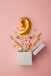 Number 9 birthday balloon celebration gift box lay flat explosion