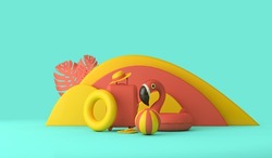 Summer holiday tropical background with suitcase and flamingo. 3D Rendering
