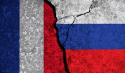 Political relationship between France and russia. National flags on cracked concrete background