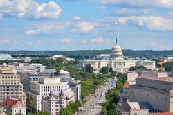 Washington DC - Aerial view of Pennsylvania street with federal buildings including US Archives building, Department of Justice and US Capitol