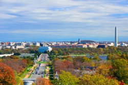Washington DC skyline with Washington Monument, United States Capitol building, and Potomac River in Autumn