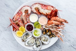 Fresh seafood plate with lobster, mussels and oysters 
