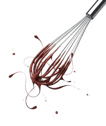 wire whisk with splashing chocolate isolated on white