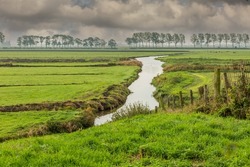Polder landscape Plaspolder near Woubrugge with a water feature in perspective and green grassy meadows with a row of trees and gray rain clouds in the background, which is blurred by water vapor