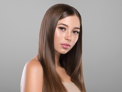 Beautiful woman hair long brunette healthy hairstyle beauty makeup
