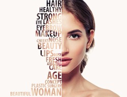 Beautiful woman portrait beauty skincare concept with letters on face