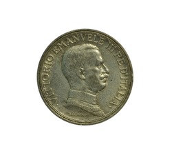Obverse of 2 Lira coin made by Italy, that shows Bust of king Victor Emanuel III 