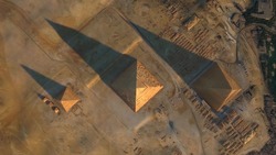 Aerial top down view of Giza Pyramid Complex also called Necropolis is site on the Plateau in Greater Cairo Egypt screenshot of high resolution animation