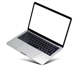 Hovering aluminium laptop with blank screen and new design, isolated on a white background.