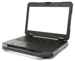 Fully Rugged Laptop with blank screen, isolated on a white background.