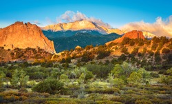 Sunrise looking out over the Garden of The Gods and Pike's Peak in Colorado Springs, Colorado
